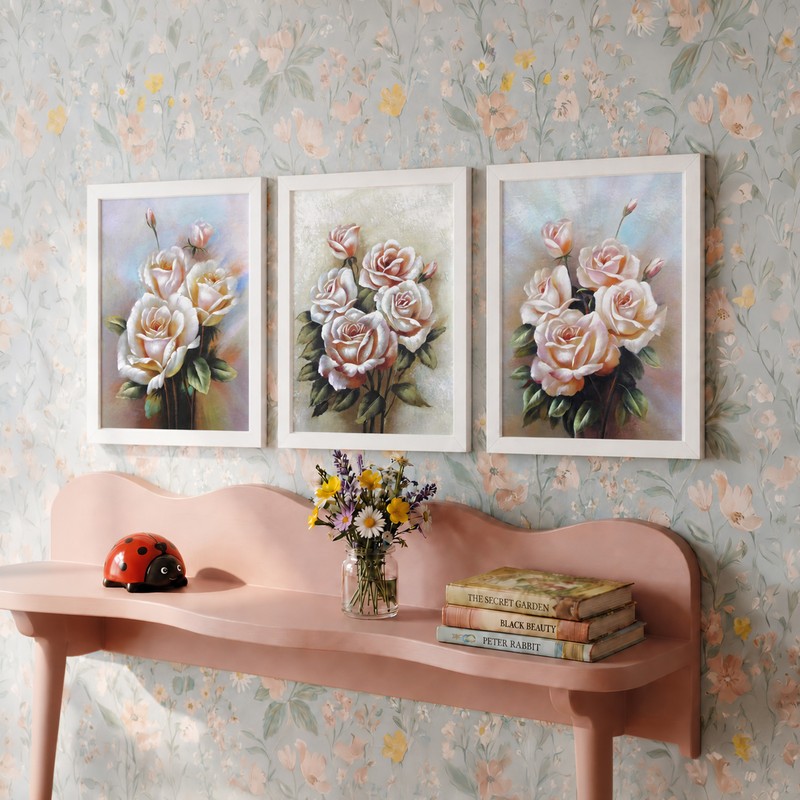 Graceful Rose Bouquet Paper Wall Painting - Set of Three