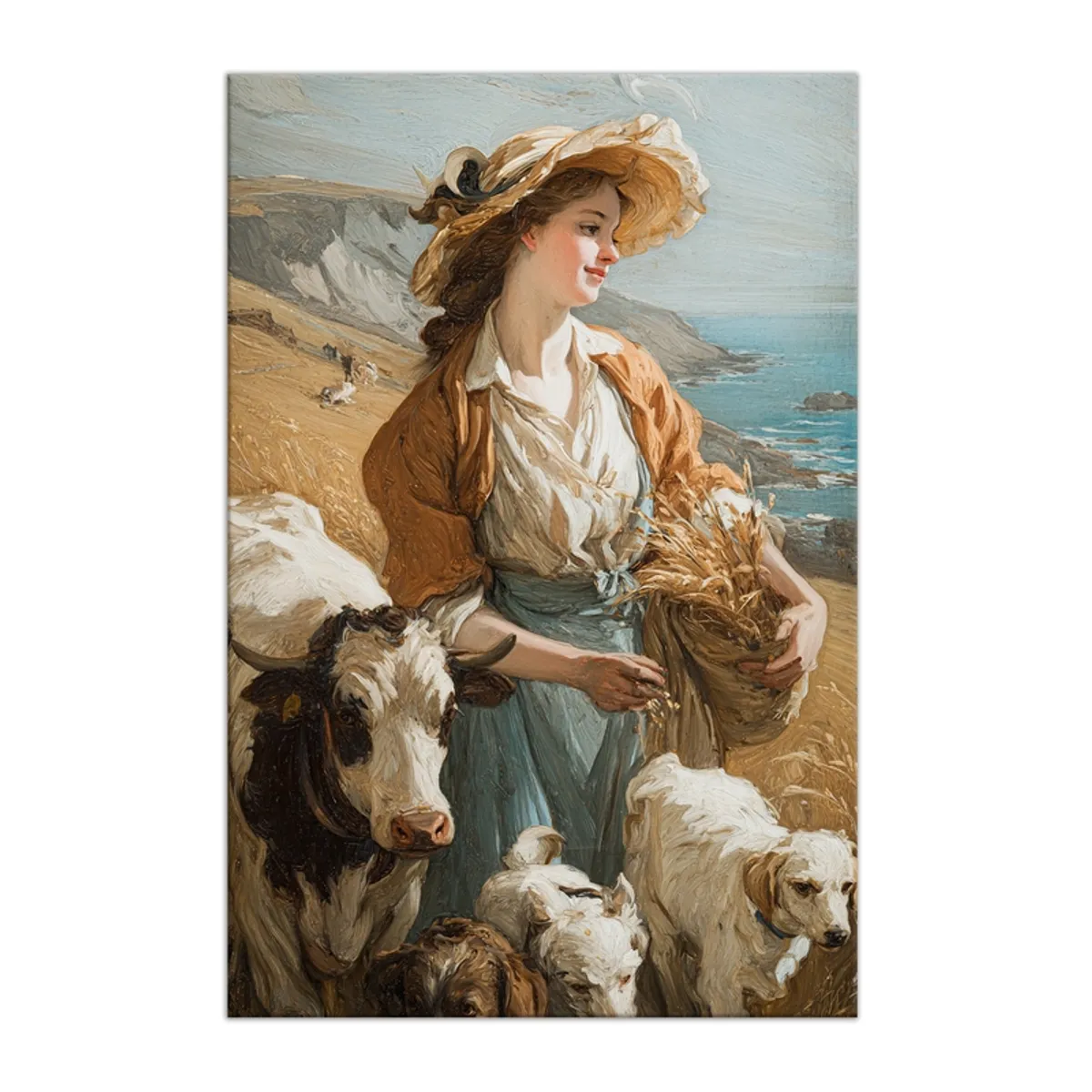 Coastal shepherdess canvas wall painting with cows, sheep and sea backdrop