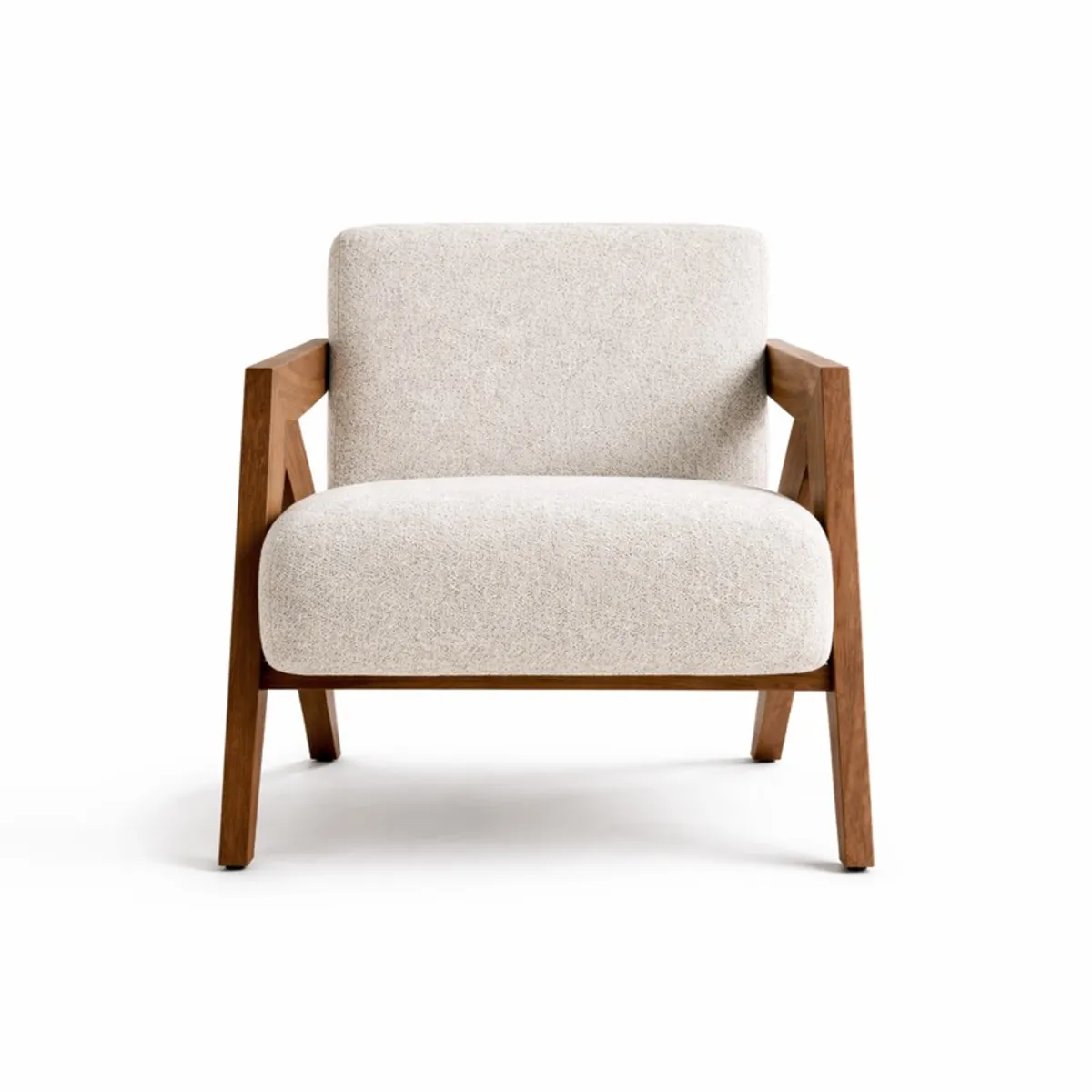 Front view of a white upholstered accent chair with teak wood arms