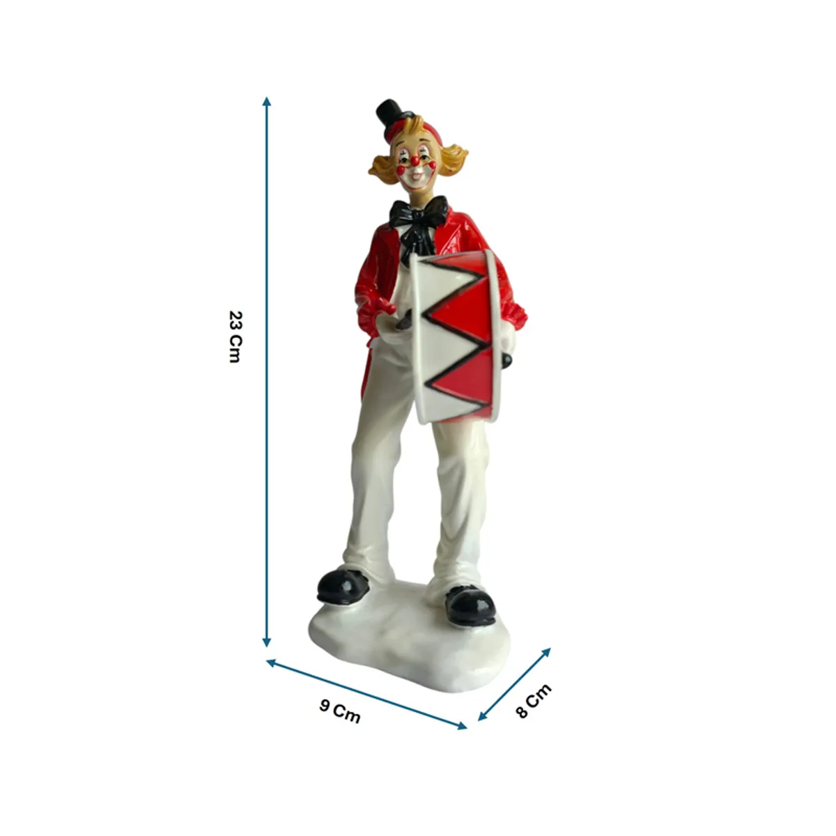 Front view of clown figurine with labelled 9 x 8 x 23 cm dimensions