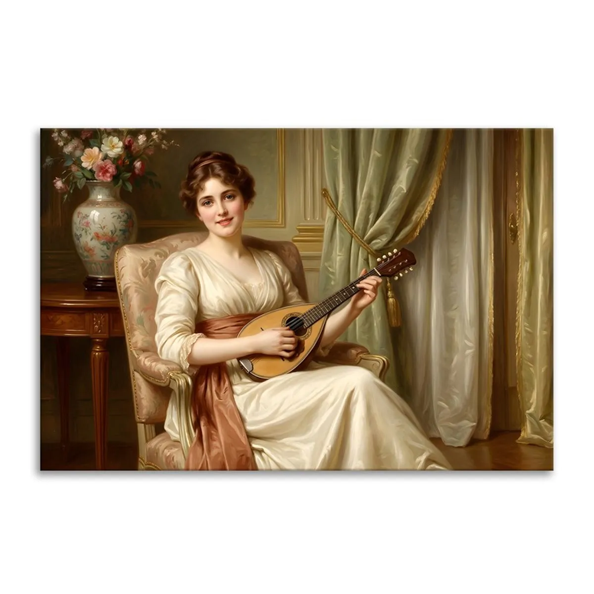 Rectangular canvas art showing a seated woman playing a string instrument beside draped curtains