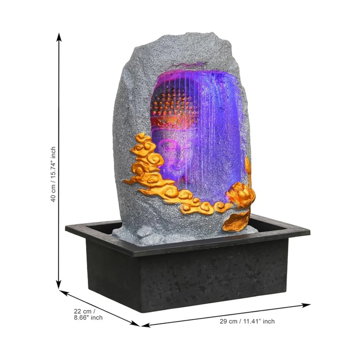 Buddha fountain with visual size markers on white background
