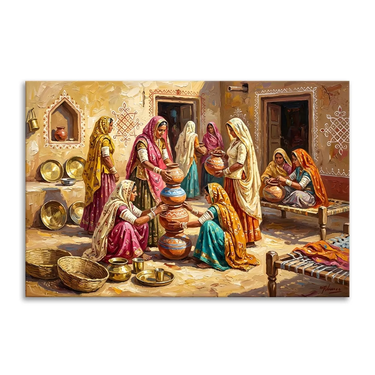 Rectangular canvas painting showing women in a Rajasthani village scene