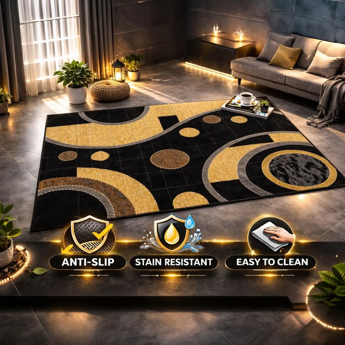 Black and beige abstract carpet in a moody living room setting