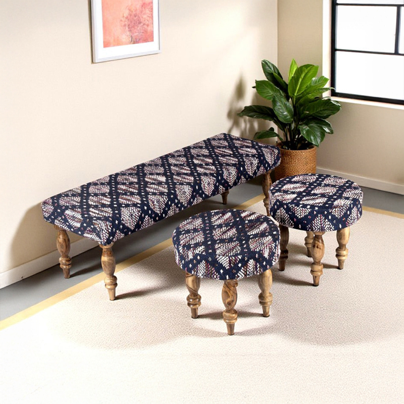Axion Sheesham Wooden Bench With Stools (Blue) - Three Piece Set
