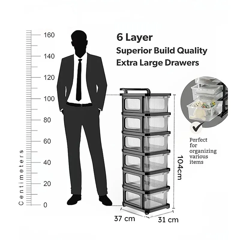 Black six-tier storage rack shown beside a height scale