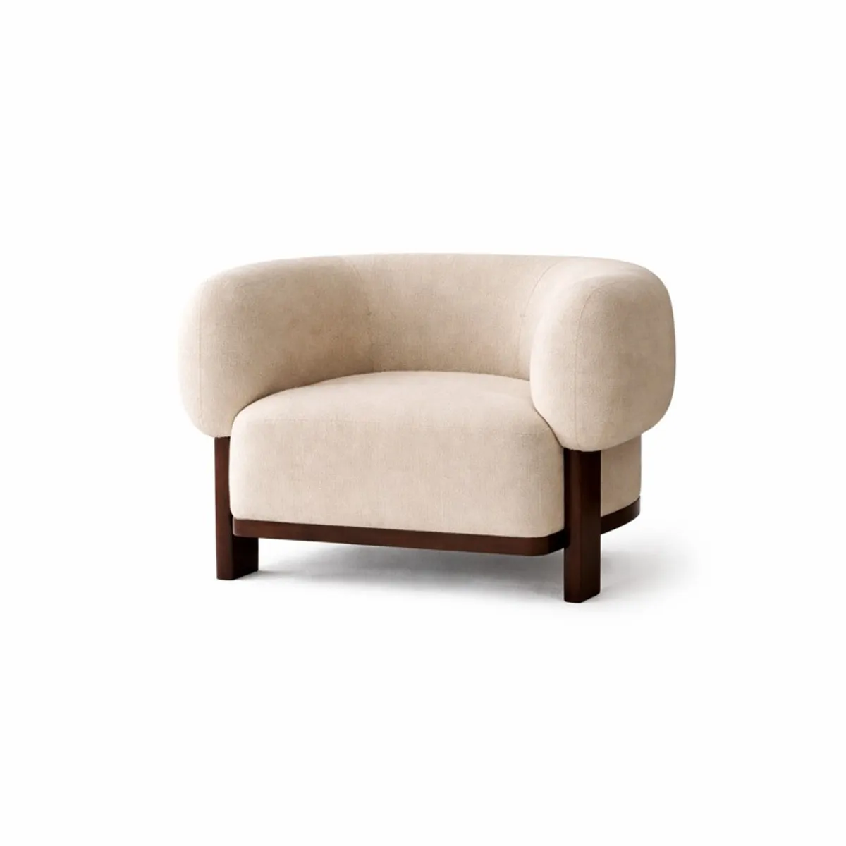 Beige velvet accent chair with rounded arms shown against a white background
