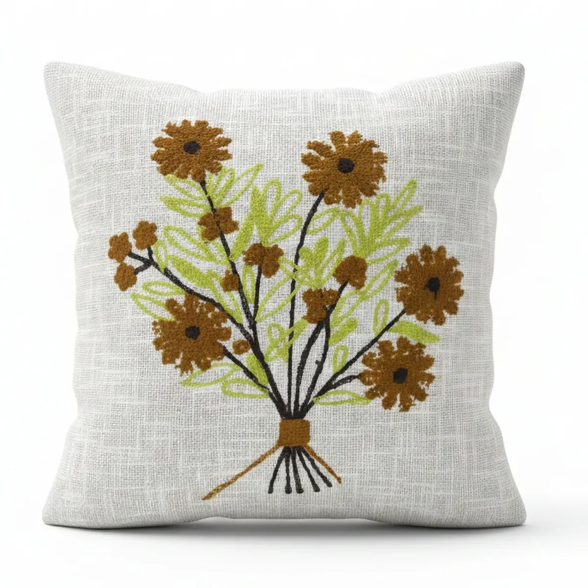 White square cushion cover with a central brown and green floral bouquet