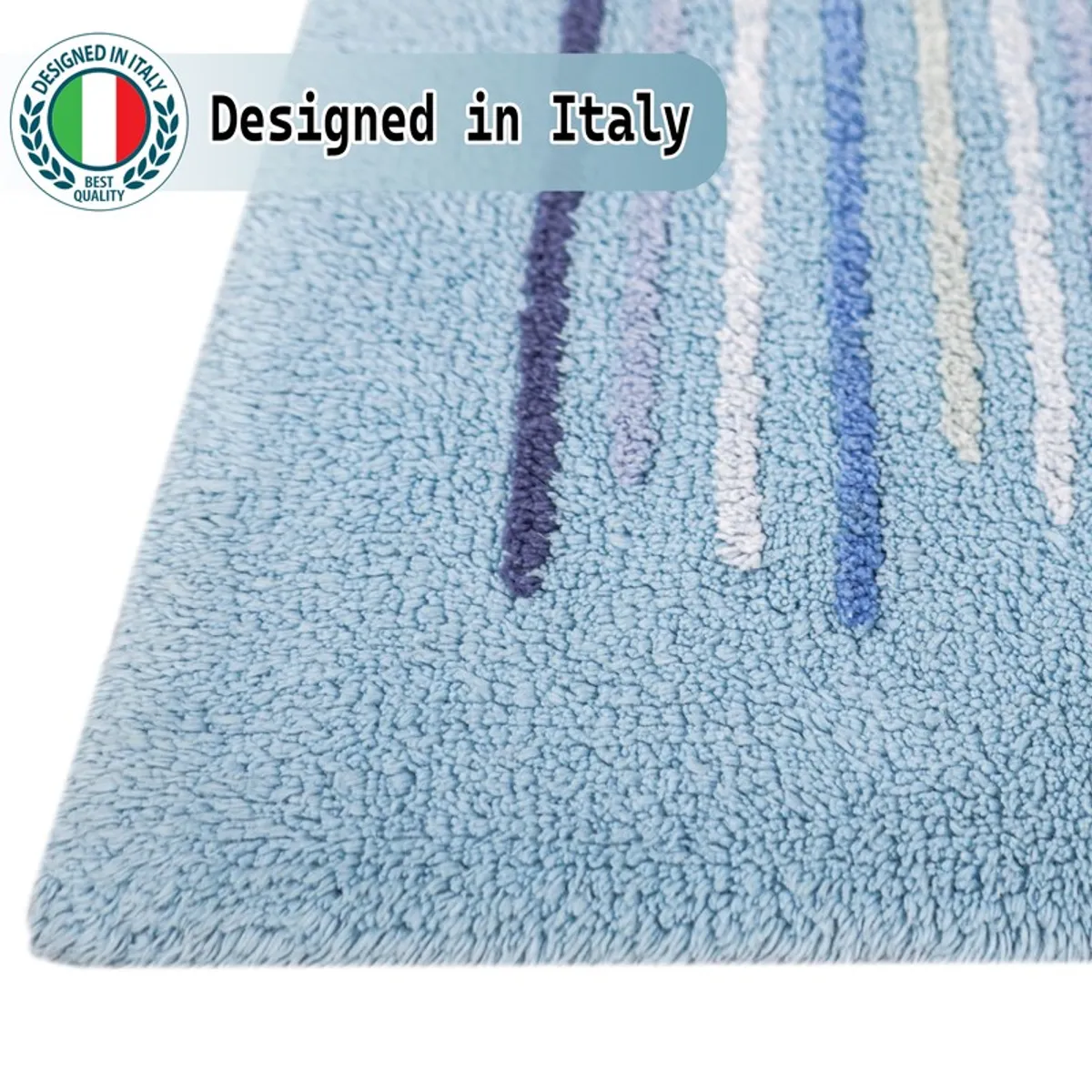 Close-up view of the blue striped bath mat surface and underside