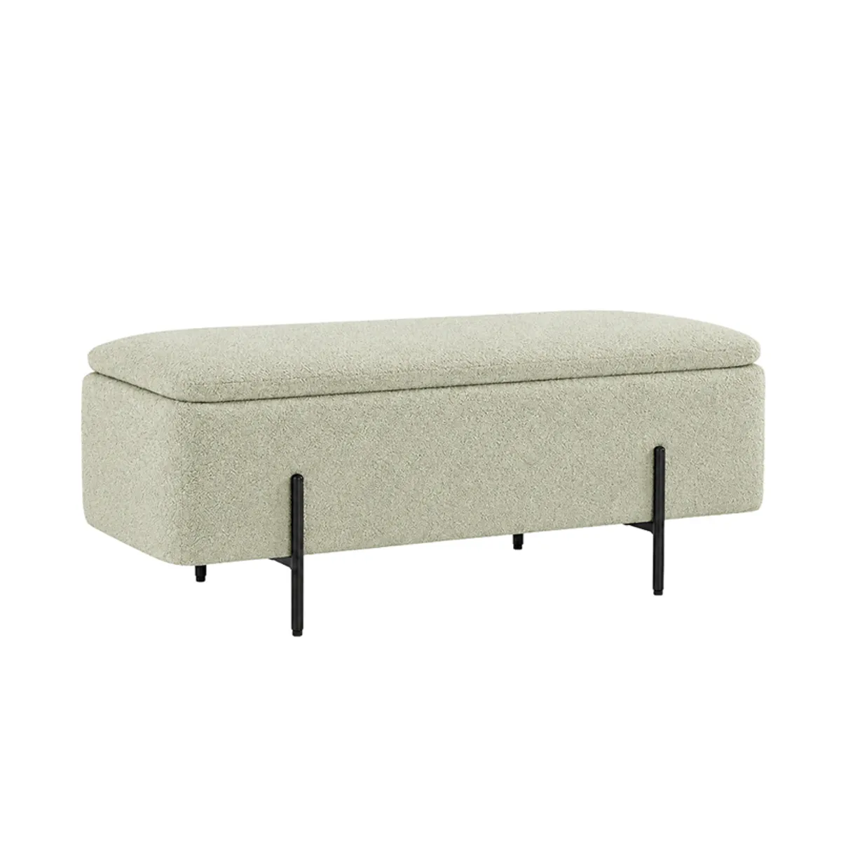 Angled view of a sage green bouclé bench showing its rounded form