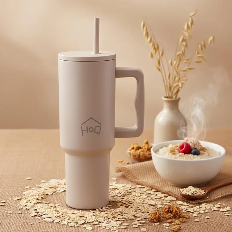 Oat beige handled tumbler with straw styled beside a breakfast bowl
