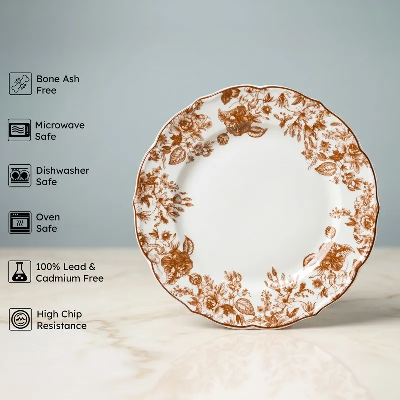 Red and white floral dinner plate with printed feature icons beside it