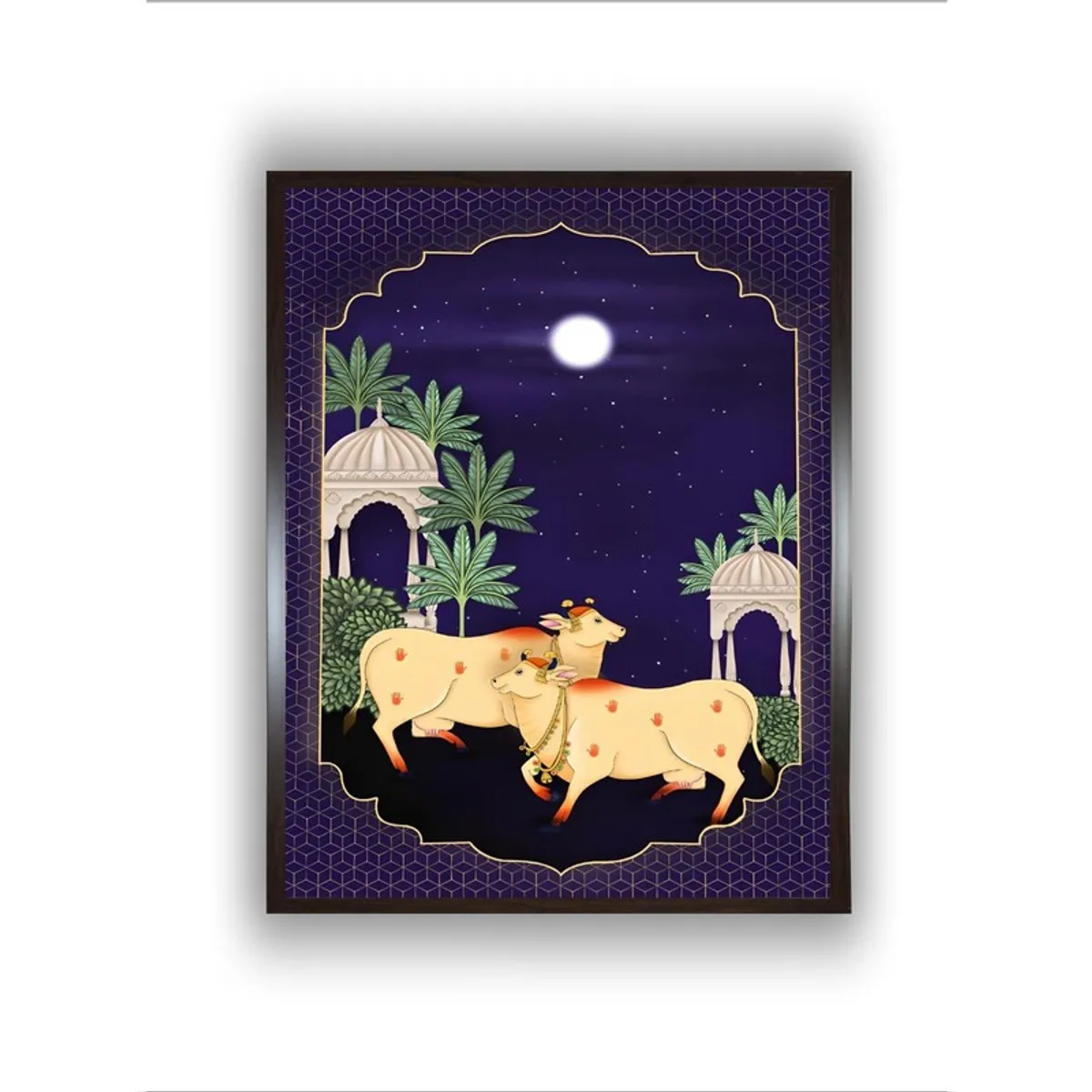 Close front view of moonlit courtyard painting with two cows and pavilion motifs