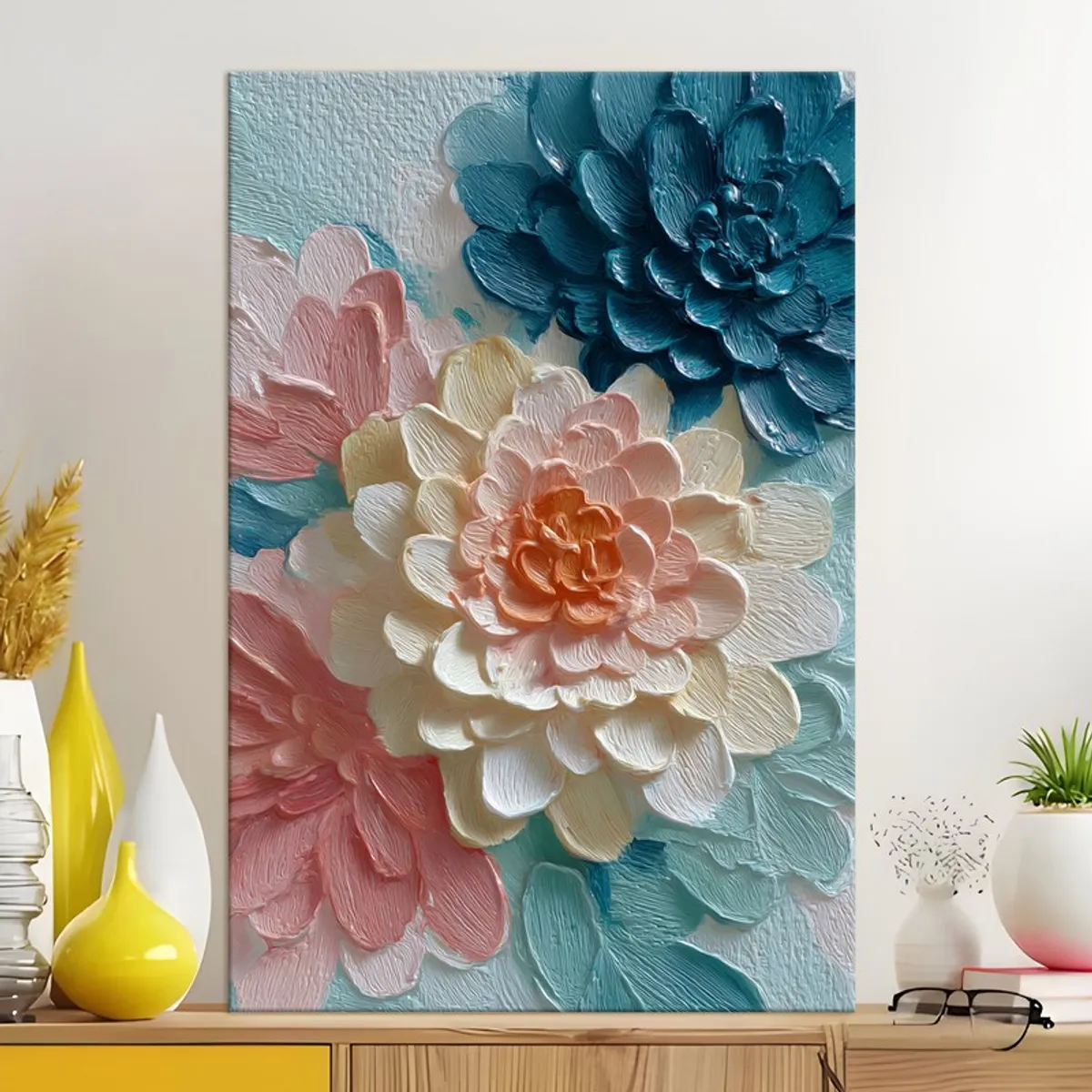 Floral wall painting styled above a console with yellow and white vases