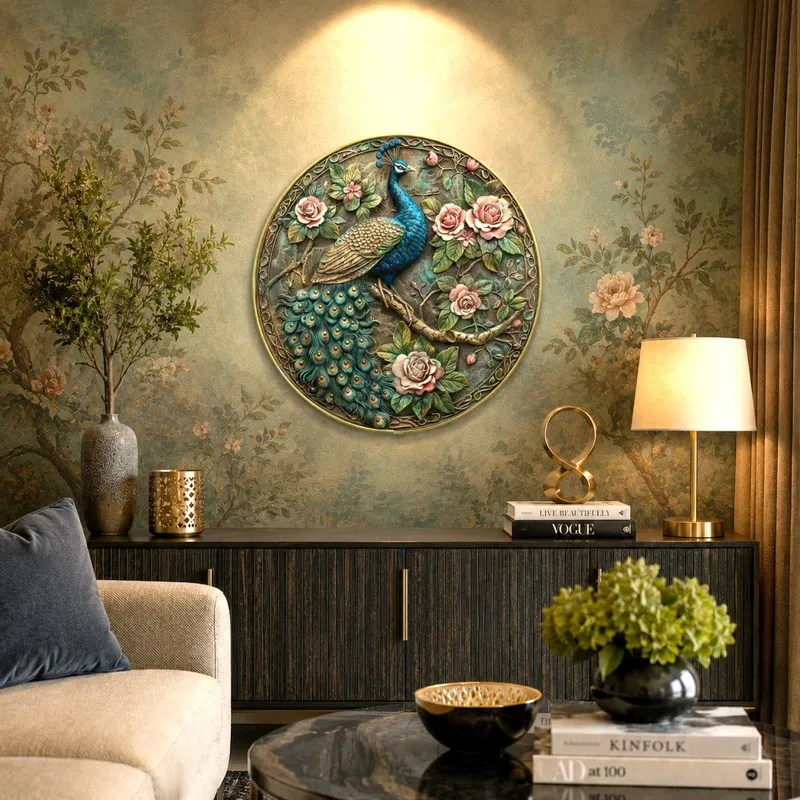 Round peacock wall art with floral detailing styled in a living room setting