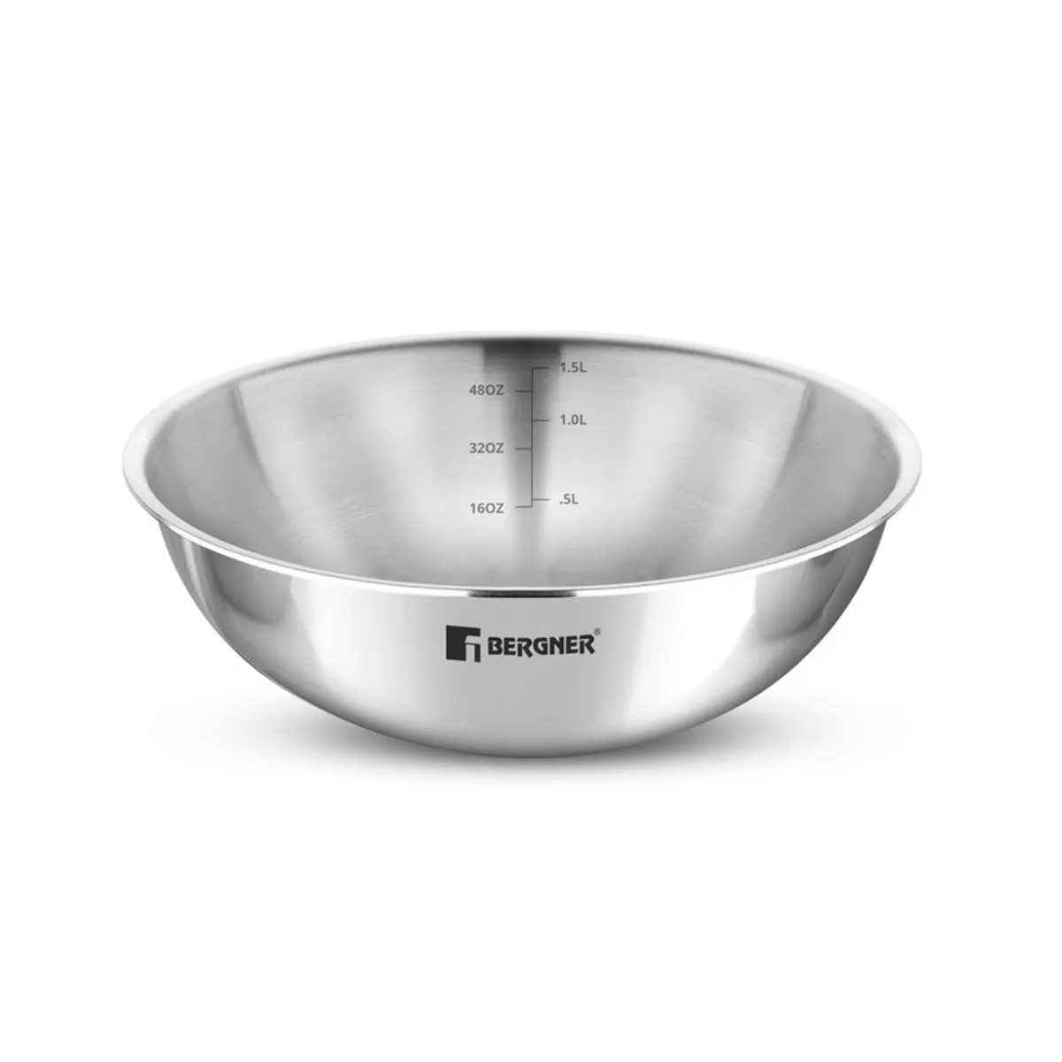 Silver glossy round mixing bowl displayed against a white background.