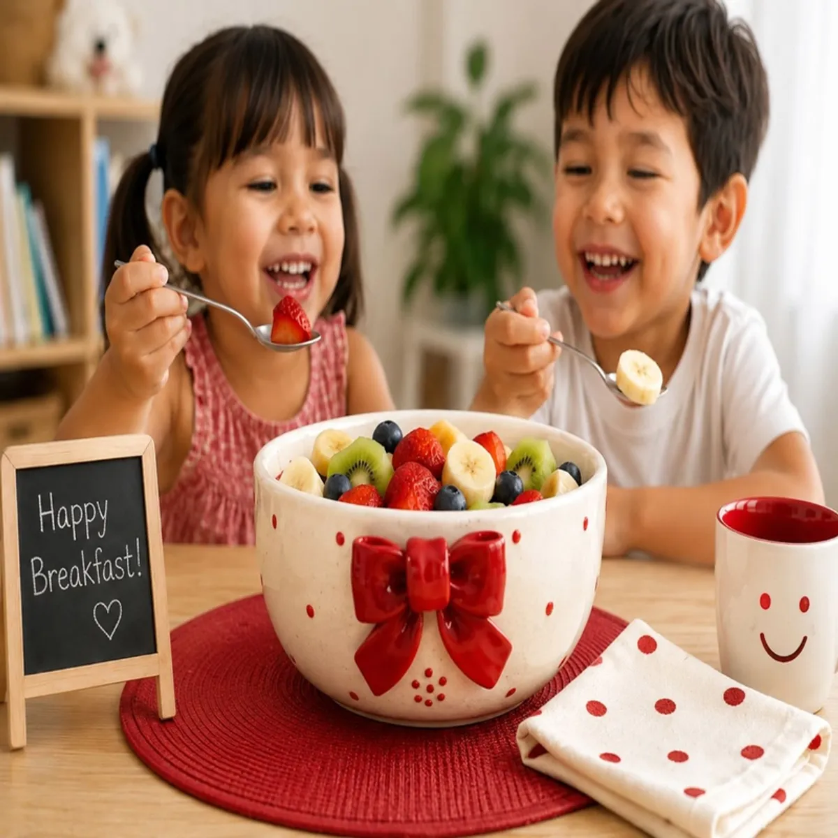 Children enjoying fruit from the red bow ceramic bowl at breakfast.