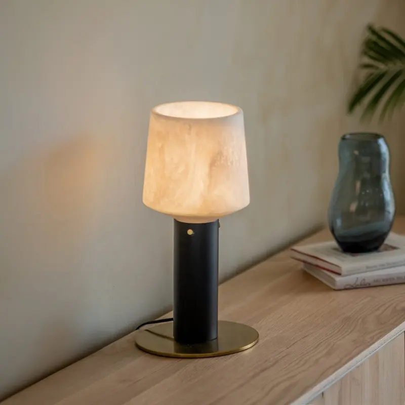Alabaster Glow Mango Wood Table Lamp