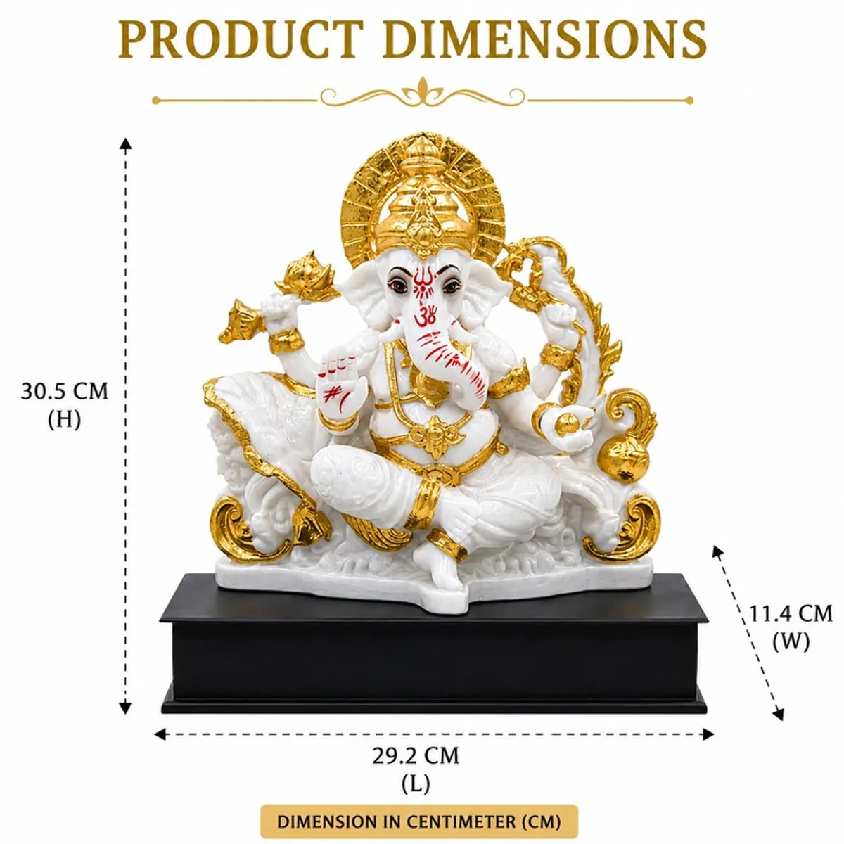 White and gold Ganesha idol shown with product length, width and height markings