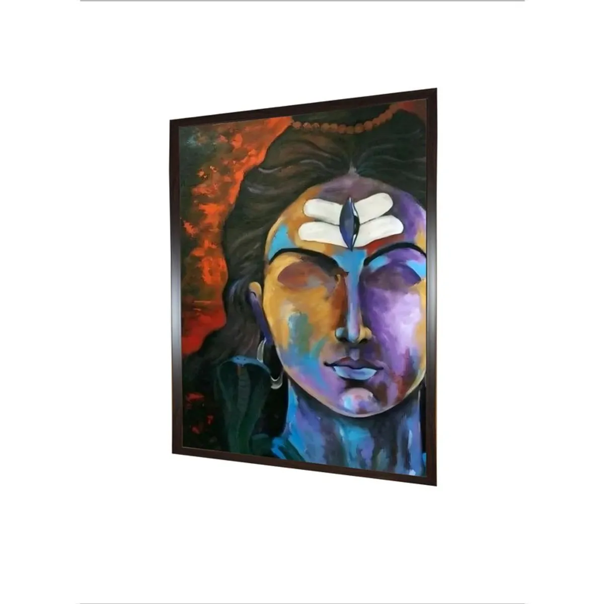 Angled view of rectangular framed Shiva canvas wall painting