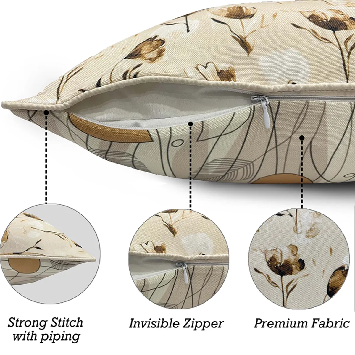 Close-up of a cushion cover showing its zip closure and piped edge.