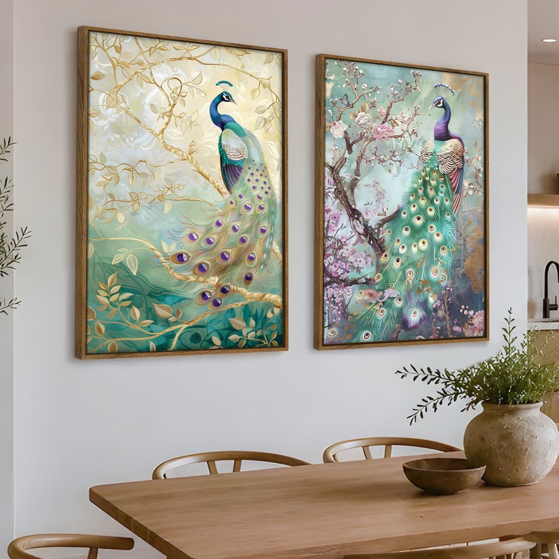 Celestial Peacock Canvas Wall Paintings - Set of Two