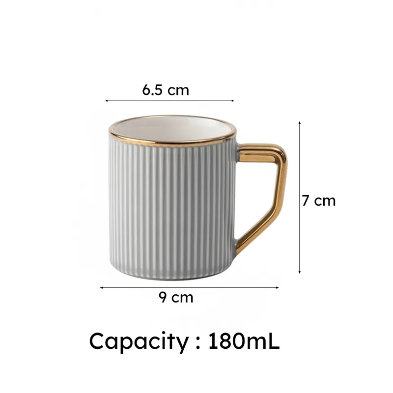 Grey ribbed mug with gold-toned handle shown with printed size and capacity graphic