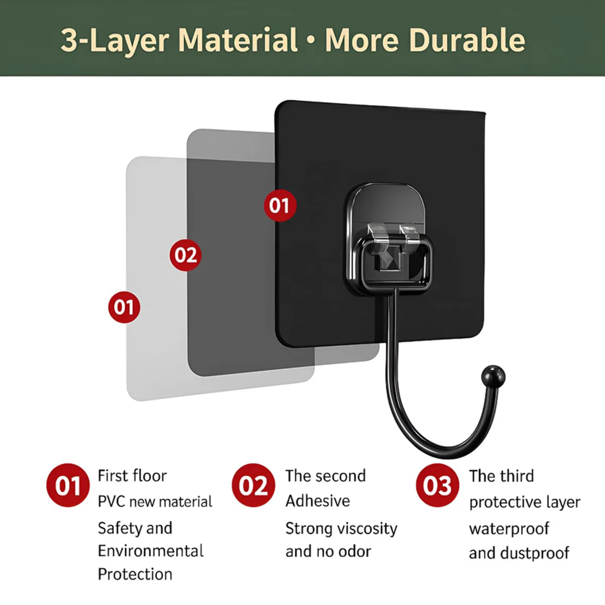 Close-up of a black wall hook shown with layered adhesive backing