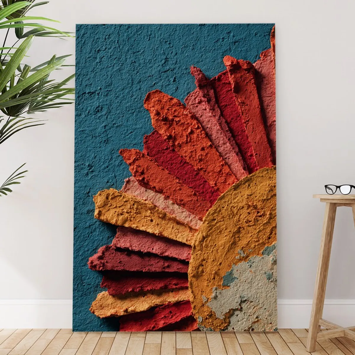 Large rectangular abstract canvas wall painting styled against a white wall