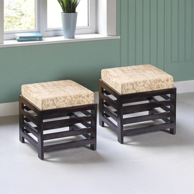 Vavex Sheesham Wooden Stool With Cushions (Beige) - Set of Two