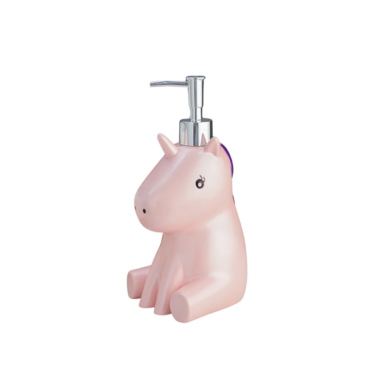 Pink unicorn soap dispenser with silver pump on a white background