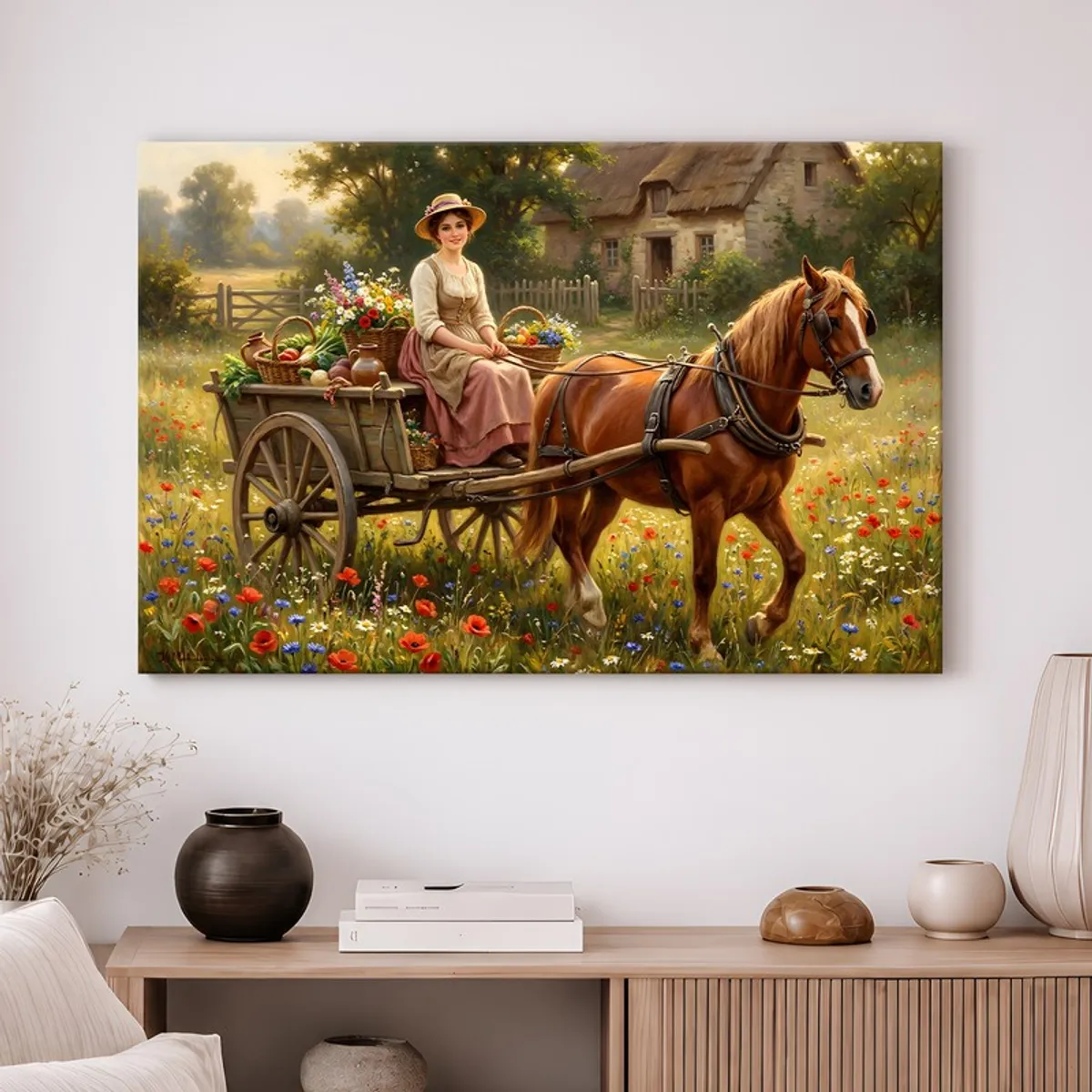 Wall-mounted canvas art featuring a blossom wagon and horse in a countryside setting
