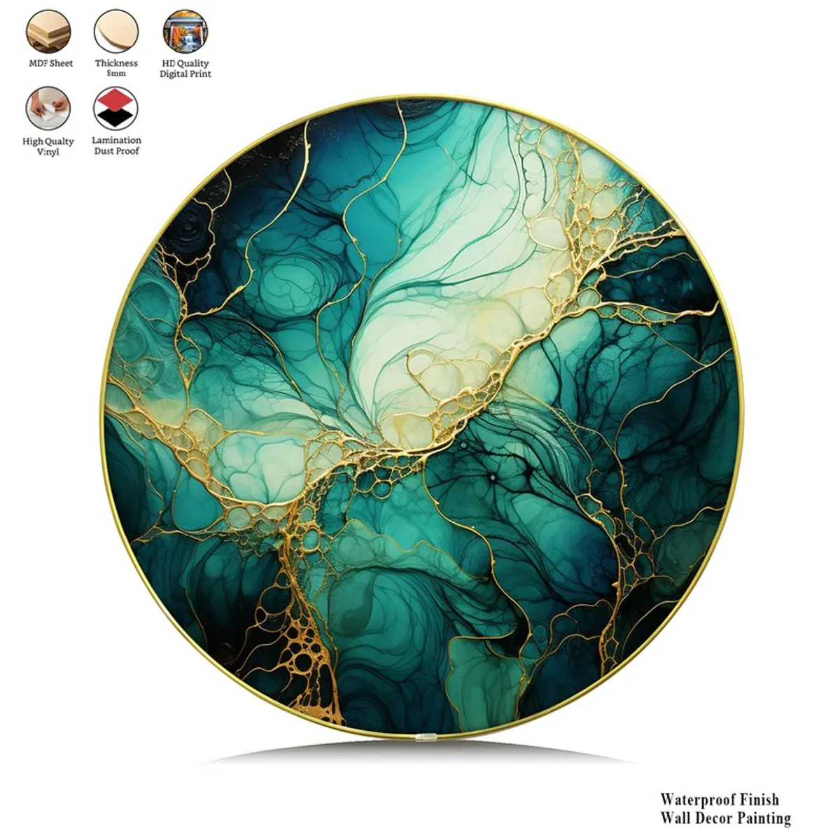 Front view of round green abstract wall art with gold border on white background