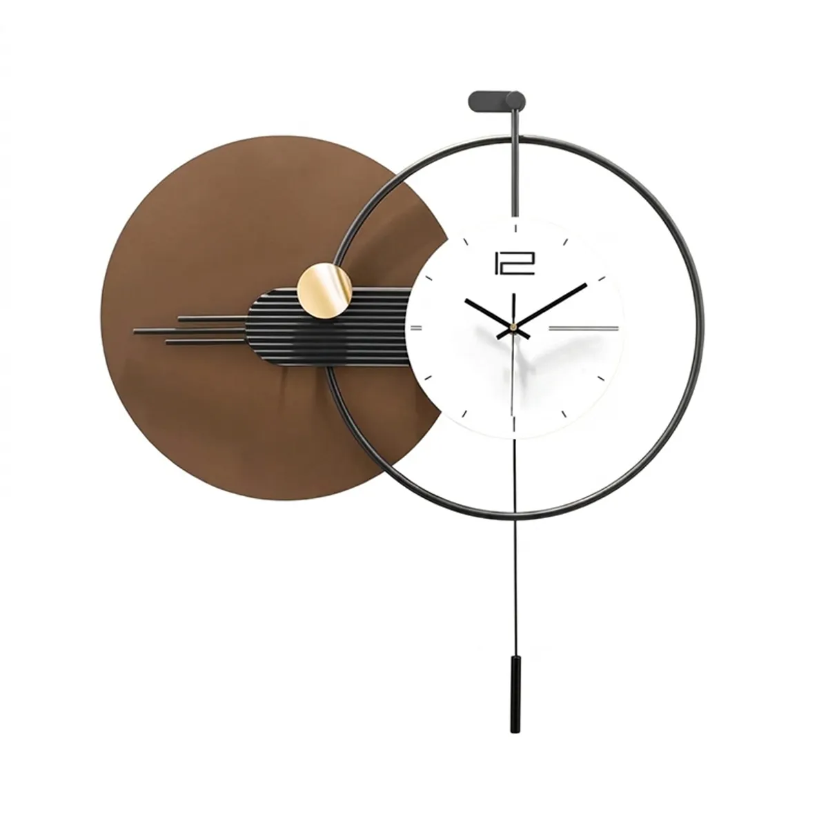 Front view of the geometric analog wall clock on a white background