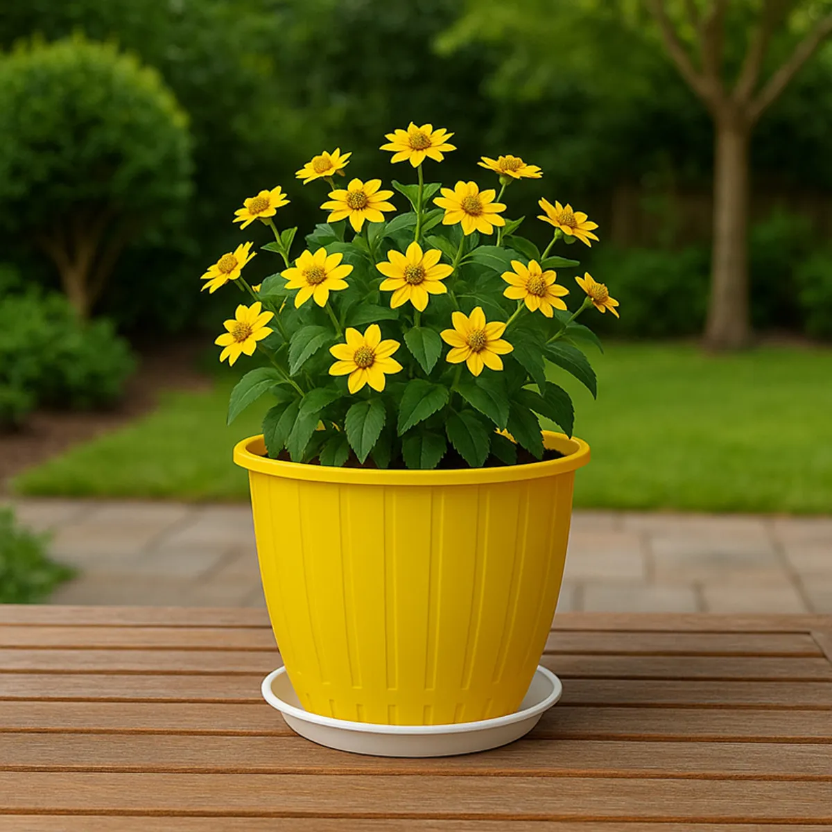 Yellow planter with yellow flowers on an outdoor wooden table