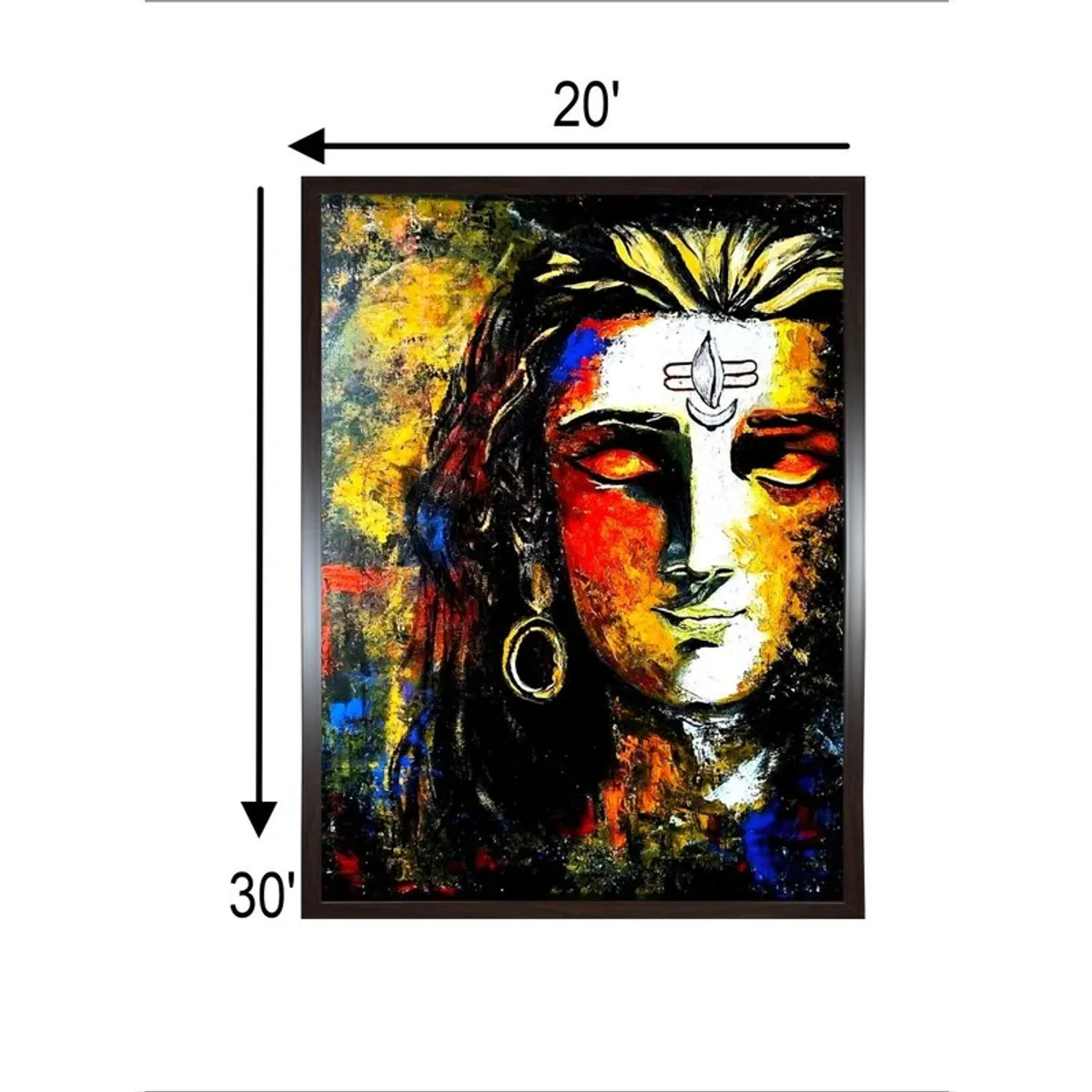 Framed Shiva canvas painting with dimension arrows shown in the image