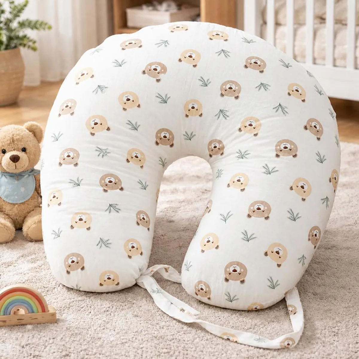White U-shape feeding pillow with bear print placed in a nursery setting