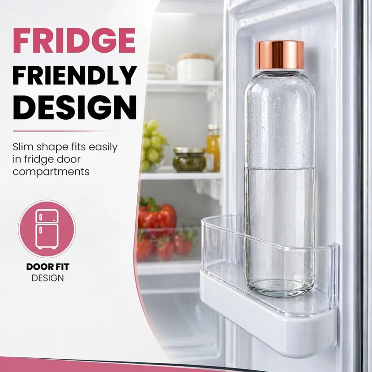 Clear glass bottle with gold-toned lid placed in a refrigerator door shelf