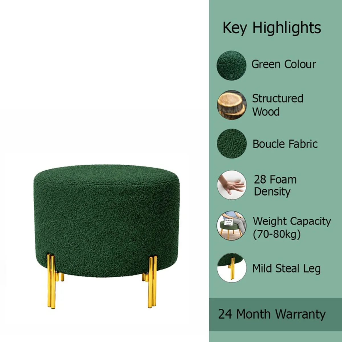 Green bouclé ottoman with gold legs shown in a product highlights graphic