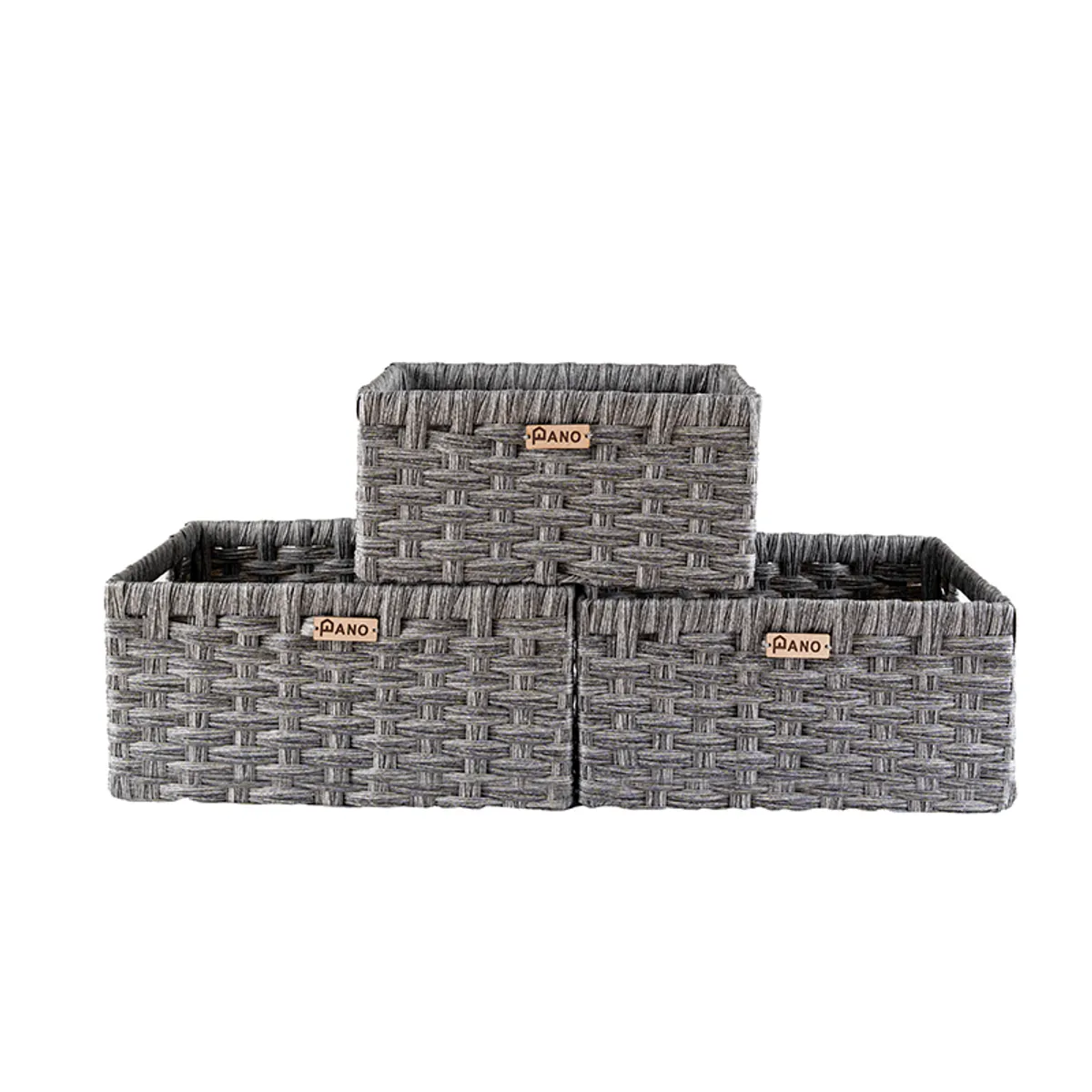 Set of three grey rectangular storage baskets on a white background