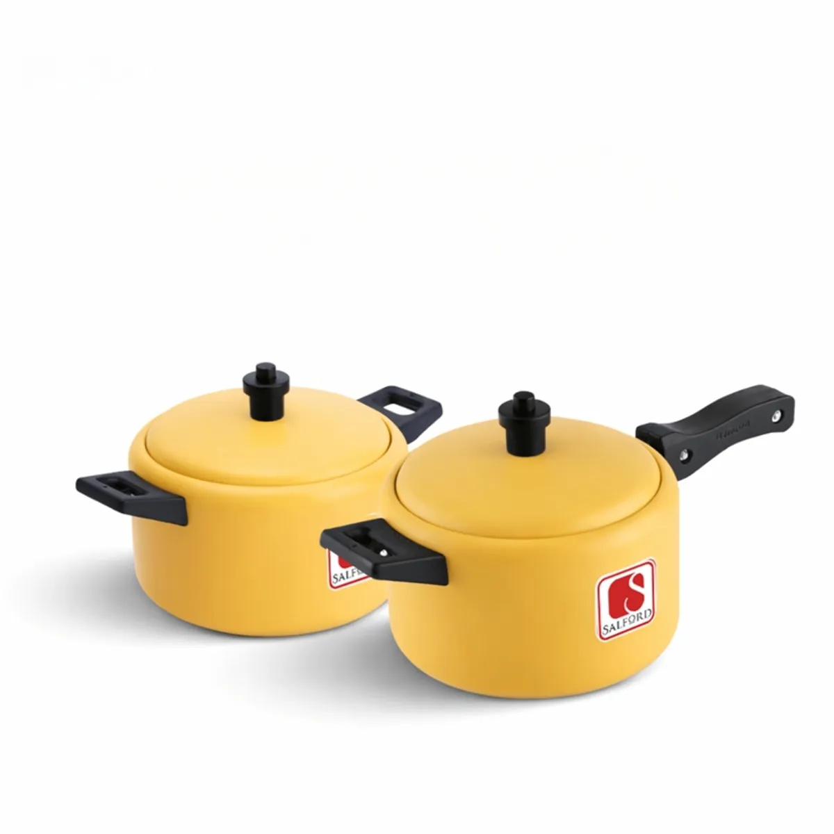Two yellow lidded cookware pieces with black handles on a white background