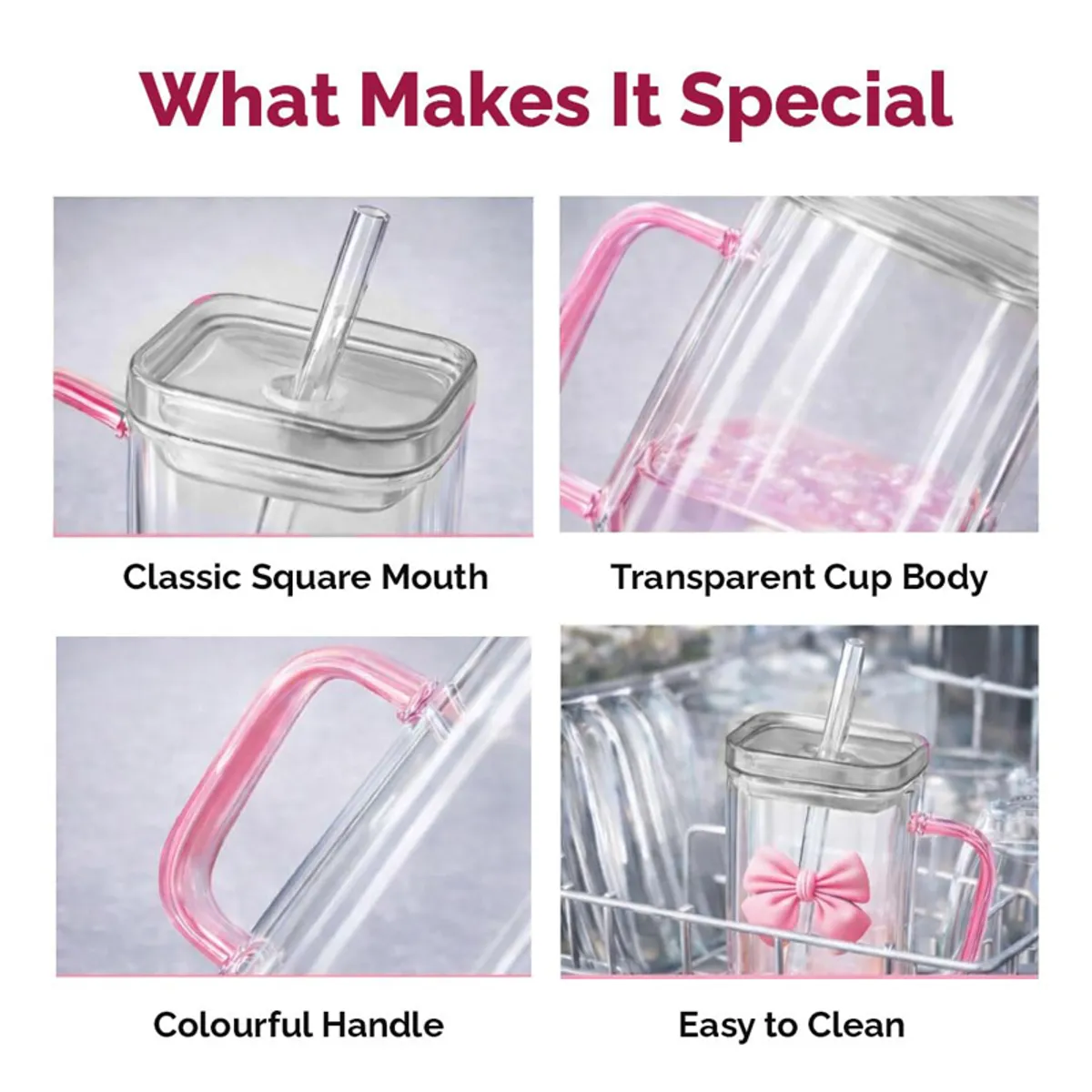 Close-up views of the tumbler lid, clear body, pink handle and bow detail