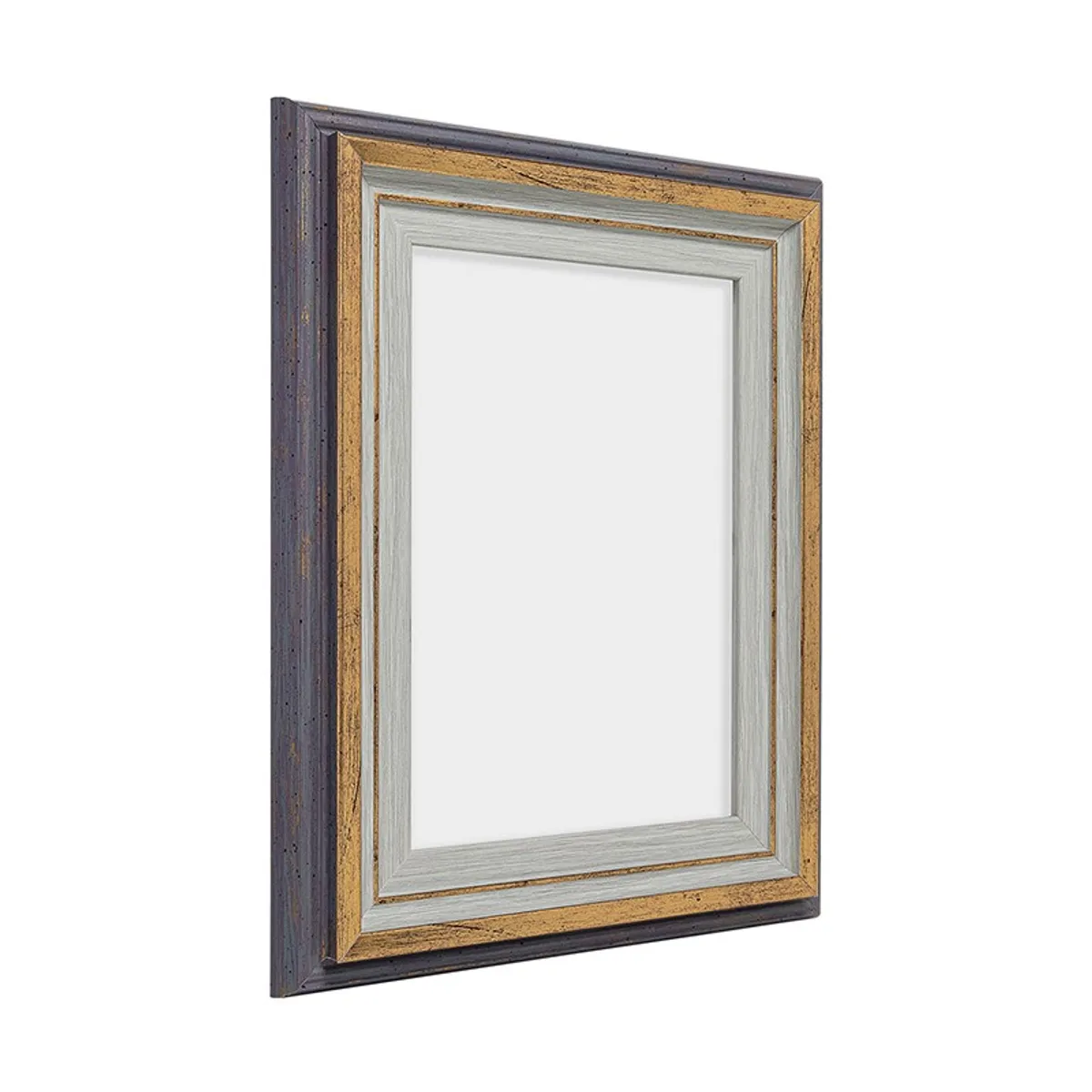 Angled view of the rectangular gold and grey photo frame