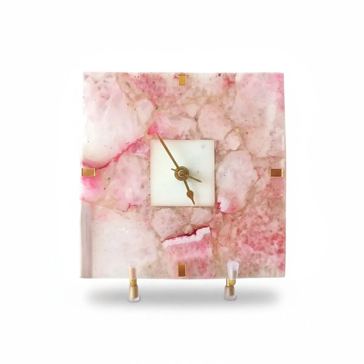 Front view of pink veining agate square table clock with stand