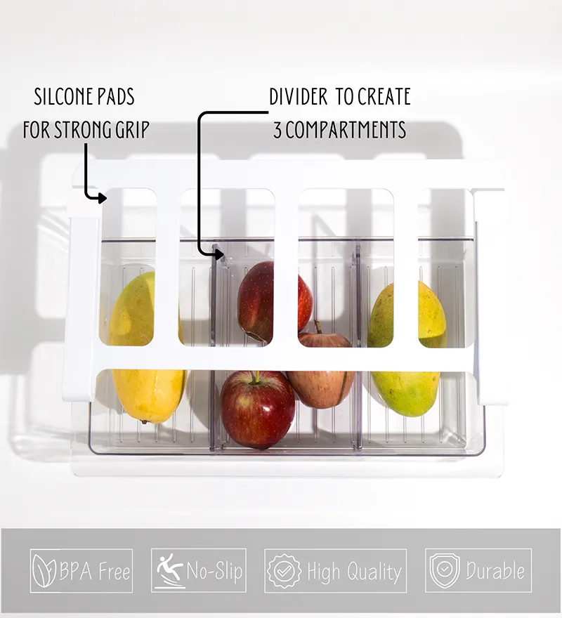 Clear fridge organiser shown with visible dividers and fresh fruit