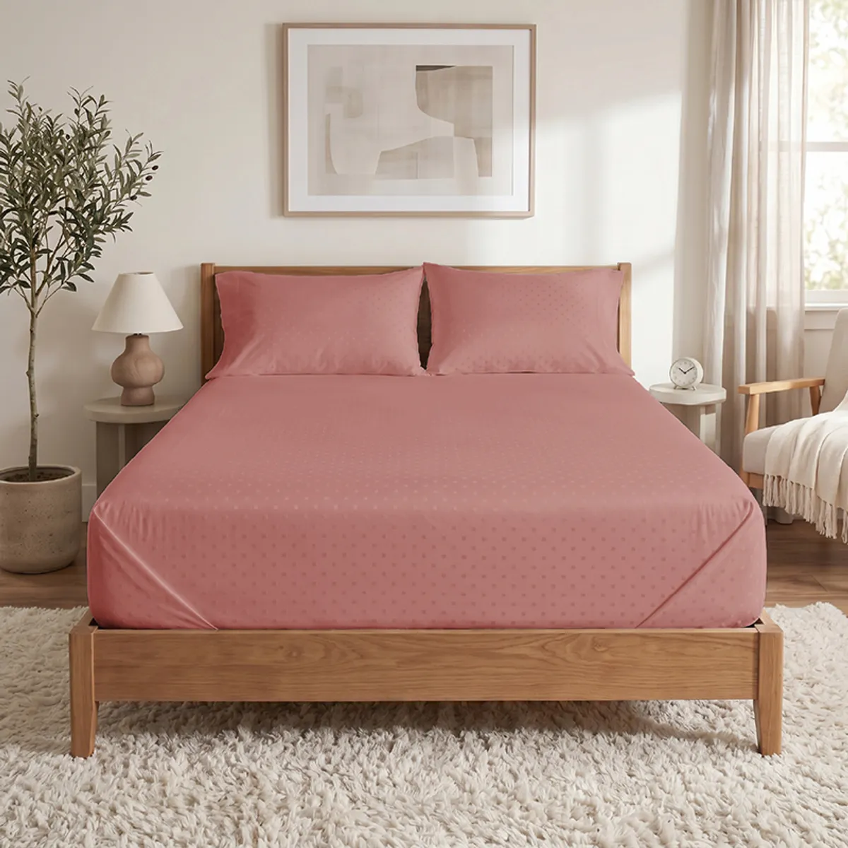 Full bedroom view featuring a rose-brown dotted duvet cover on a double bed