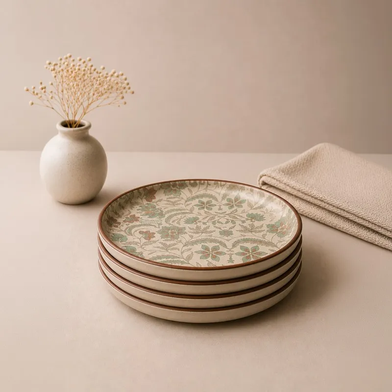 Stack of four round ceramic dinner plates with floral pattern