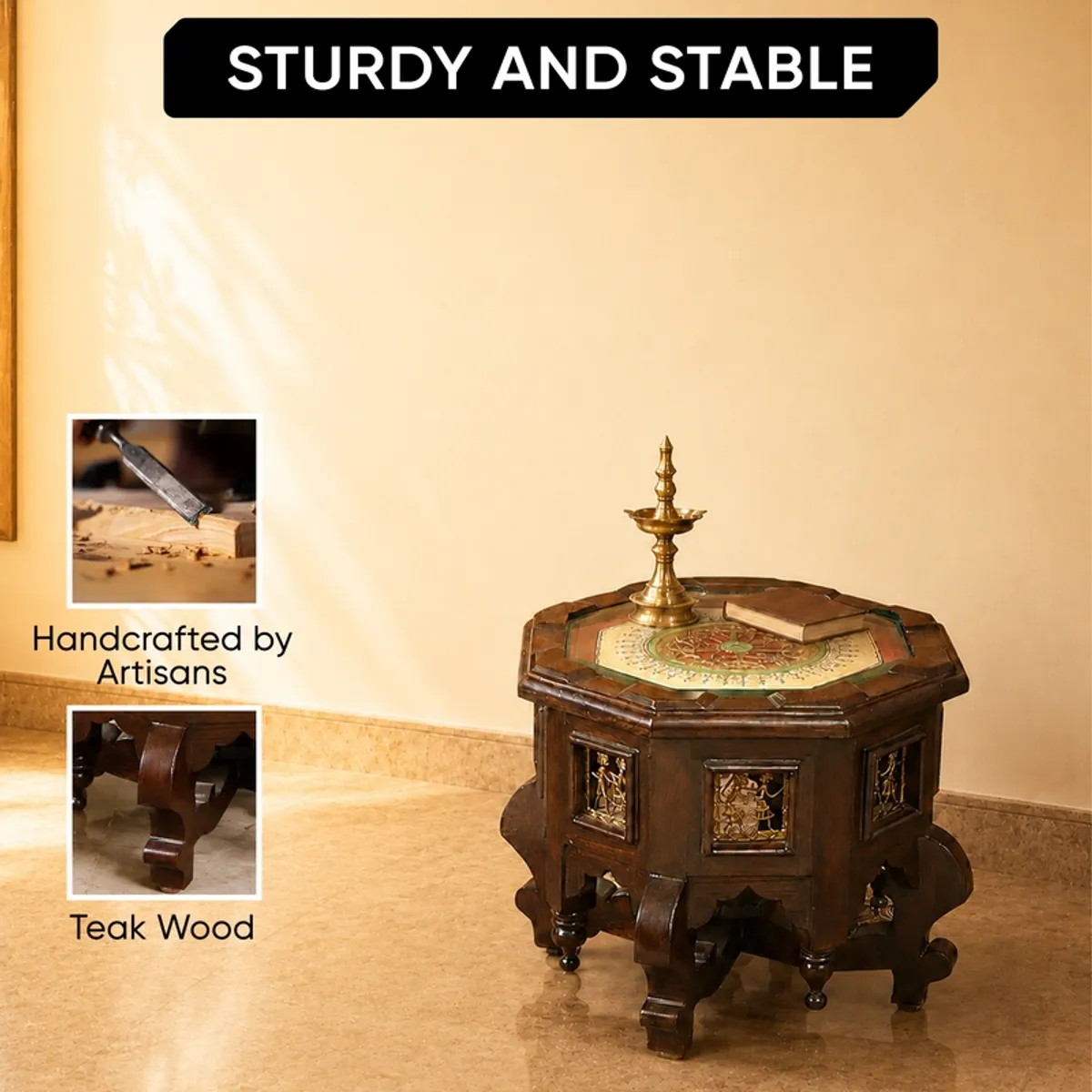 Brown side table with an ornate top and sculpted legs in a living room
