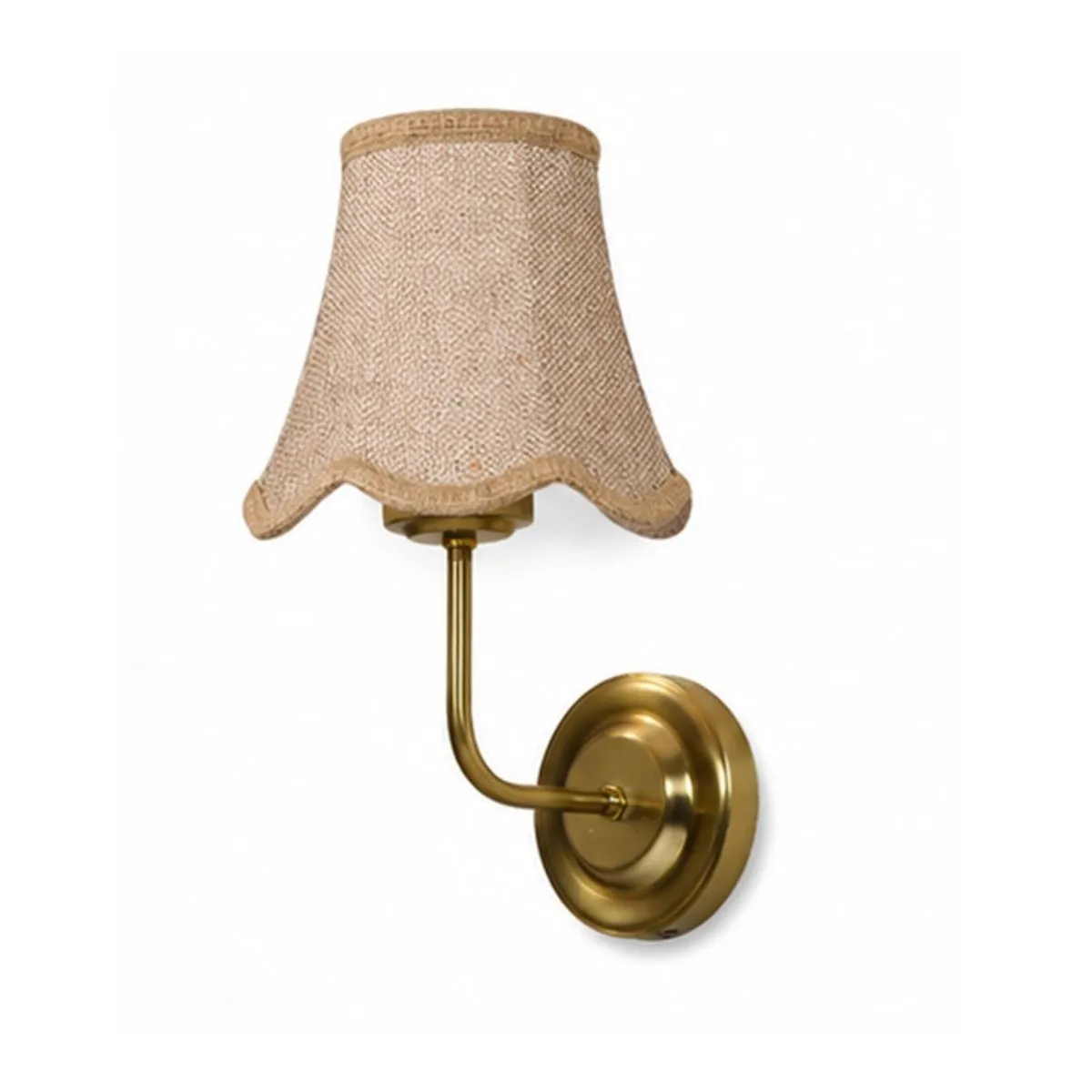 Product view of a beige shade and gold-toned wall lamp on a white background