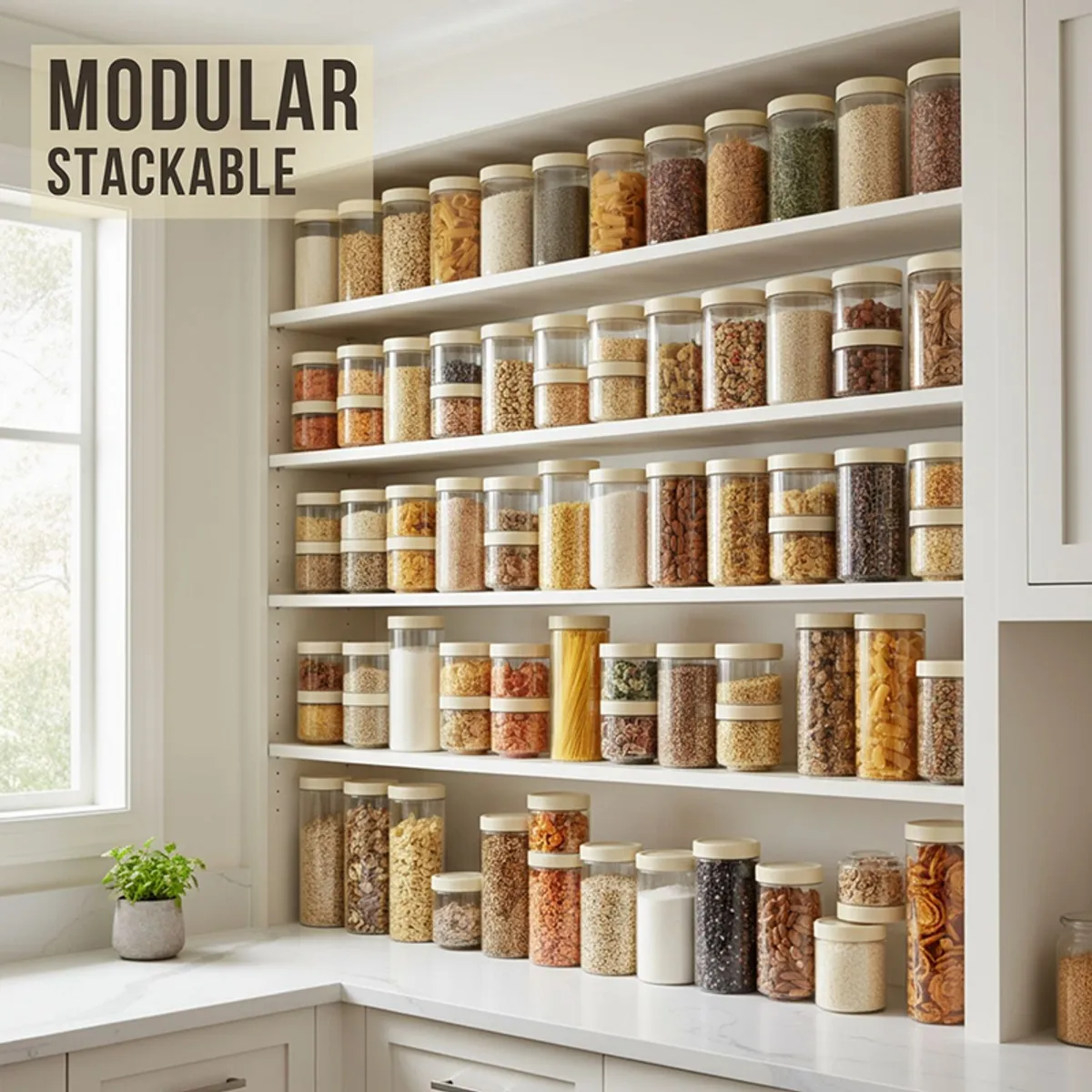 Shelves filled with clear modular containers with white lids